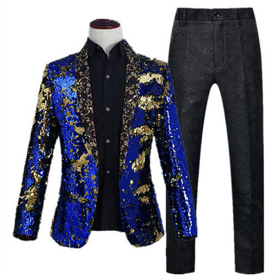 Férfi színpadi báli öltönyök arany ezüst kockás flitteres kabát nadrágok férfi táncfesztivál karácsonyi halloween parti jelmez Homme M-2XL 3XL