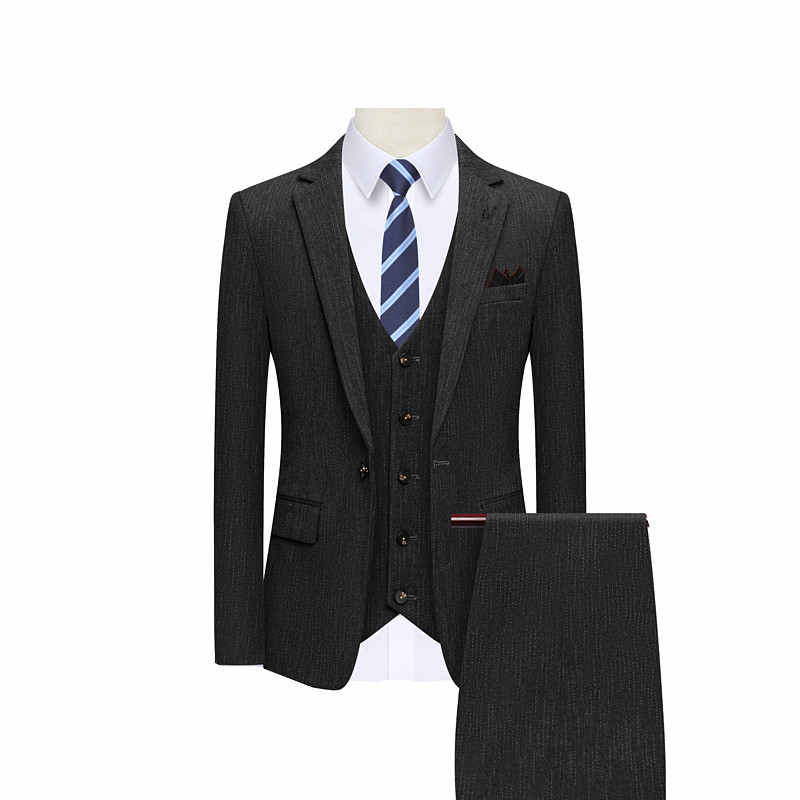 Fekete csíkos üzleti öltöny három részes férfi egysoros ruhakabát nadrág mellény Stílusos karcsú férfi Terno S-4XL