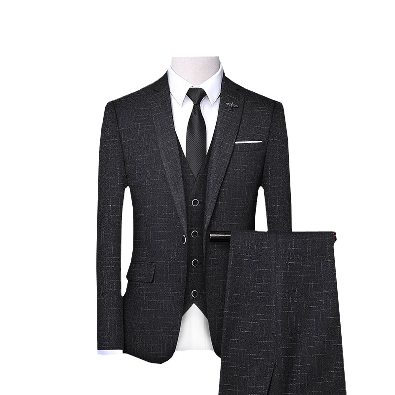 Egysoros, csíkos háromrészes férfi kék, fekete üzleti ruha kabát és nadrág mellény divatos karcsú szabású Terno Masculino