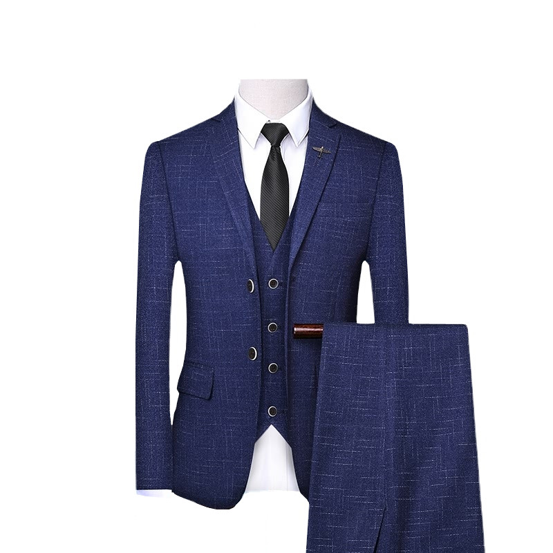 Egysoros, csíkos háromrészes férfi kék, fekete üzleti ruha kabát és nadrág mellény divatos karcsú szabású Terno Masculino