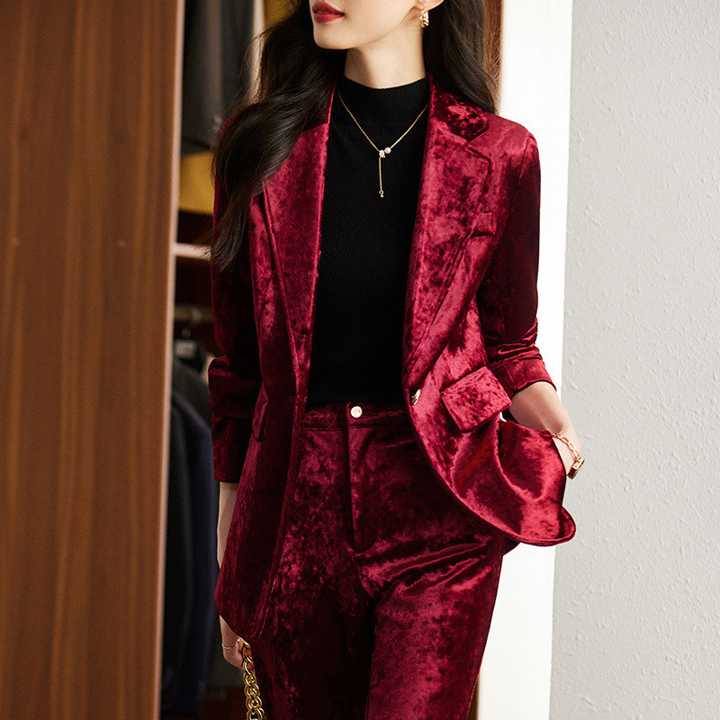 Kiváló minőségű szövet bársonyos női üzleti öltönyök nadrággal és kabáttal Kabát Őszi Téli Munkaruházat Blézerek Nadrágruhák OL Styles