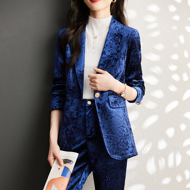 Kiváló minőségű szövet bársonyos női üzleti öltönyök nadrággal és kabáttal Kabát Őszi Téli Munkaruházat Blézerek Nadrágruhák OL Styles