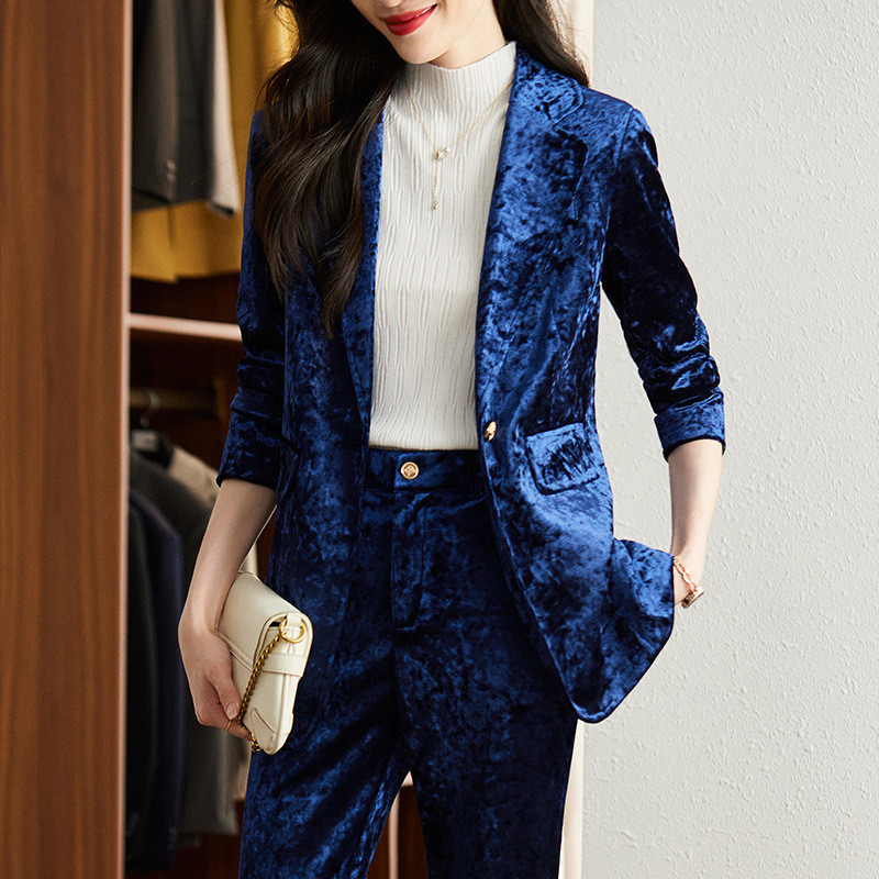 Kiváló minőségű szövet bársonyos női üzleti öltönyök nadrággal és kabáttal Kabát Őszi Téli Munkaruházat Blézerek Nadrágruhák OL Styles