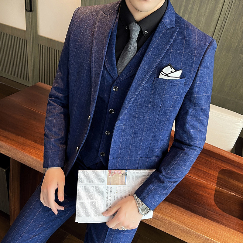 QJ CINGA kék üzleti formális kockás háromrészes öltöny férfi karcsú ruha dzseki+nadrág+mellény Őszi és téli új Terno Masculino