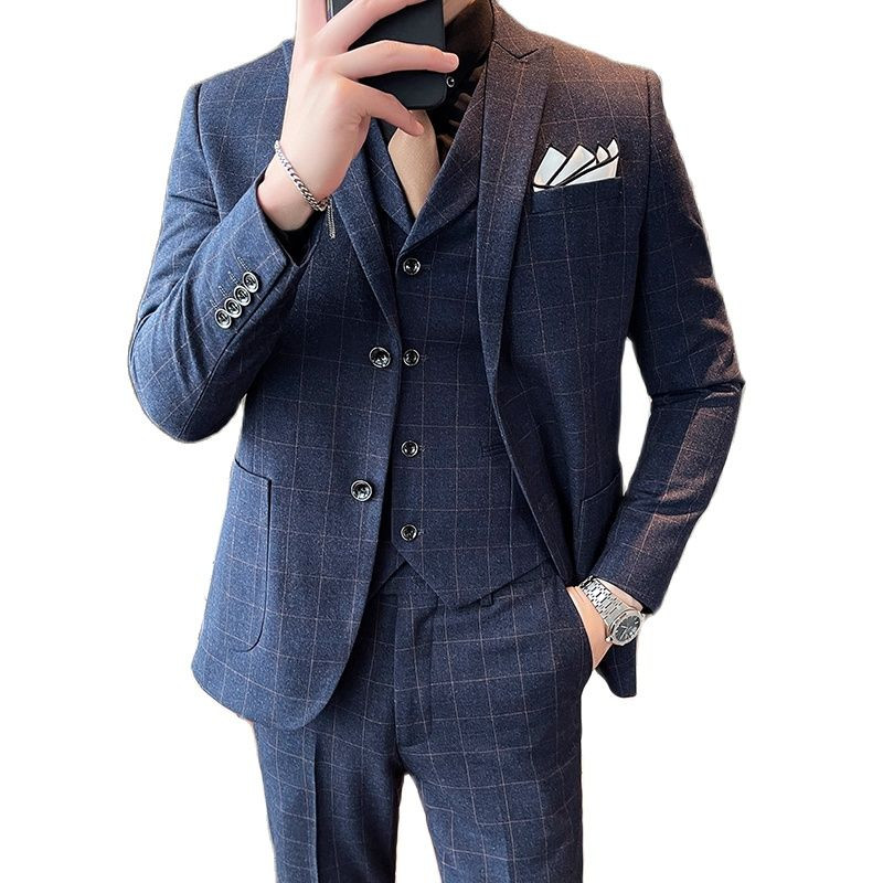 QJ CINGA kék üzleti formális kockás háromrészes öltöny férfi karcsú ruha dzseki+nadrág+mellény Őszi és téli új Terno Masculino