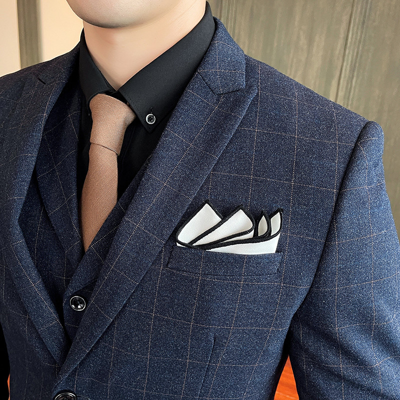 QJ CINGA kék üzleti formális kockás háromrészes öltöny férfi karcsú ruha dzseki+nadrág+mellény Őszi és téli új Terno Masculino