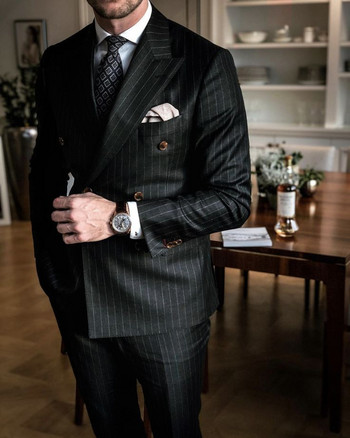 Ανδρικά κοστούμια 2023 Μαύρη ρίγα με διπλό στήθος Τελευταία σχέδια παντελονιού παλτό Slim Fit 2Piece Tuxedos Custom Made Groom Prom Ternos