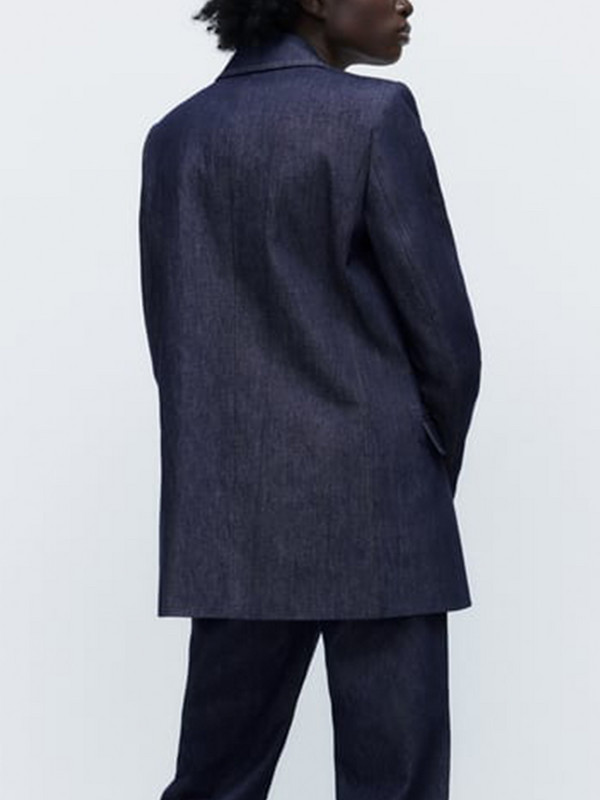 TRAF, 2022. őszi tél, női kék farmer, egyenes blézerkabát, hajtóka, hosszú ujjú öltöny dzseki, női egygombos tömör felsők