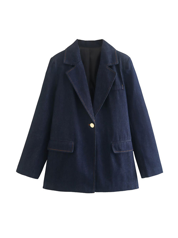 TRAF, 2022. őszi tél, női kék farmer, egyenes blézerkabát, hajtóka, hosszú ujjú öltöny dzseki, női egygombos tömör felsők