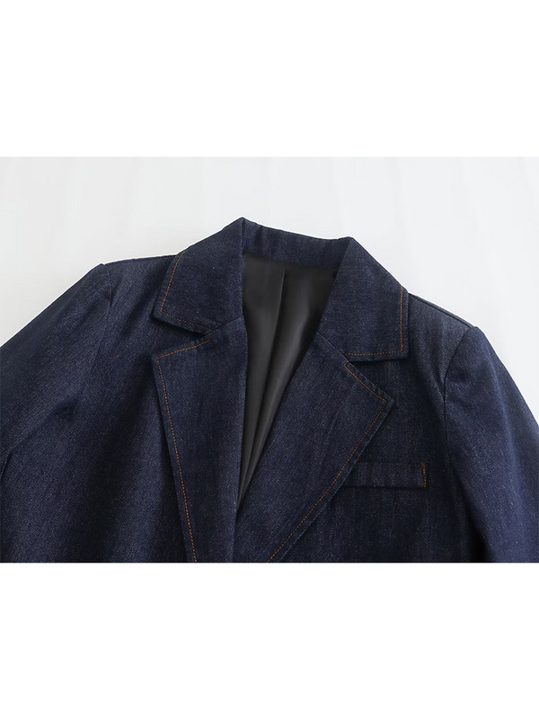 TRAF, 2022. őszi tél, női kék farmer, egyenes blézerkabát, hajtóka, hosszú ujjú öltöny dzseki, női egygombos tömör felsők