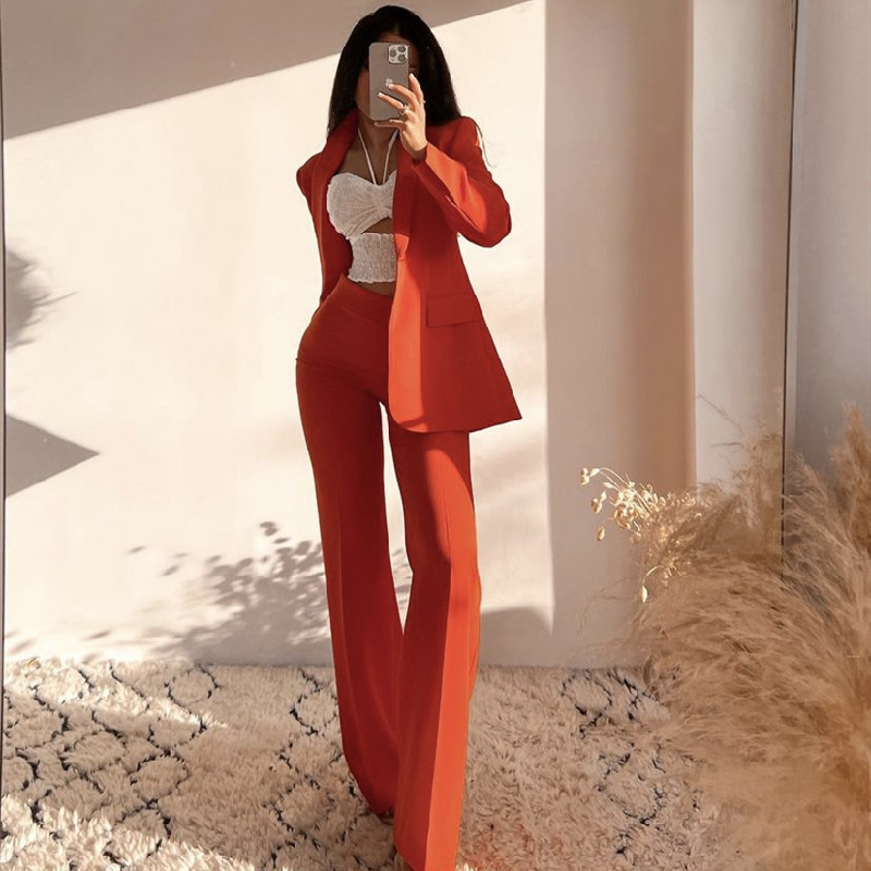 Női Elegáns Basic Solid Blézer öltönyök 2022 tavaszi Elegáns női, magas derekú, egyenes nadrágkosztüm, Női puha, hozzáillő szettek