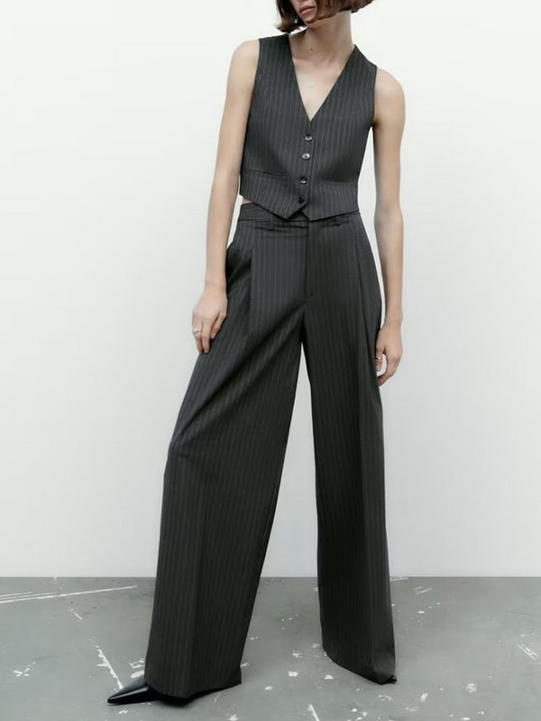 TRAF 2022-es téli női szettek, finom csíkos, egyenes blézer és V-nyakú, ujjatlan rövid mellény magas derekú, széles szárú hosszú nadrággal