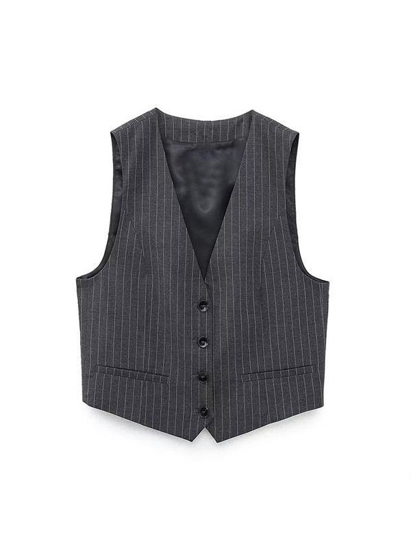 TRAF 2022-es téli női szettek, finom csíkos, egyenes blézer és V-nyakú, ujjatlan rövid mellény magas derekú, széles szárú hosszú nadrággal