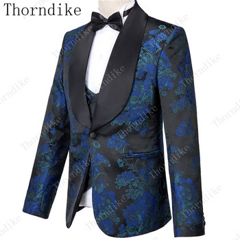 Thorndike Navy Blue Jacquard Висококачествен перфектен костюм Нов дизайн Сватбени костюми 2021 Италиански дизайн Изработен по поръчка мъжки костюм Блейзър