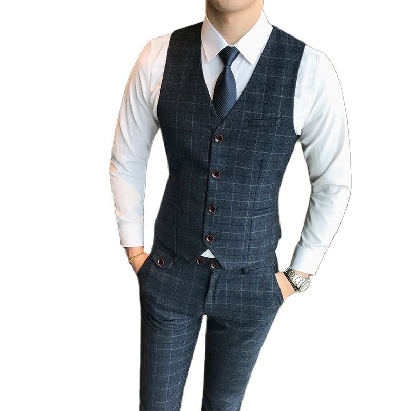 Sötétkék férfi kockás 2 részes szett (mellény + nadrág) üzleti irodai férfi ujjatlan mellény kabát és nadrág Piros zöld Terno Masculino