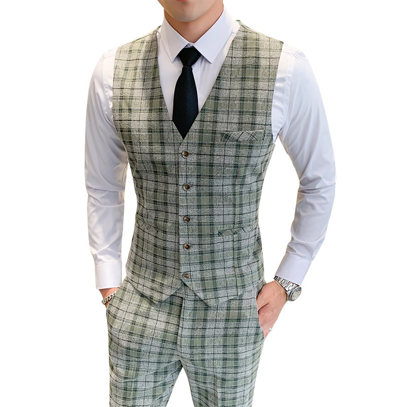 Sötétkék férfi kockás 2 részes szett (mellény + nadrág) üzleti irodai férfi ujjatlan mellény kabát és nadrág Piros zöld Terno Masculino
