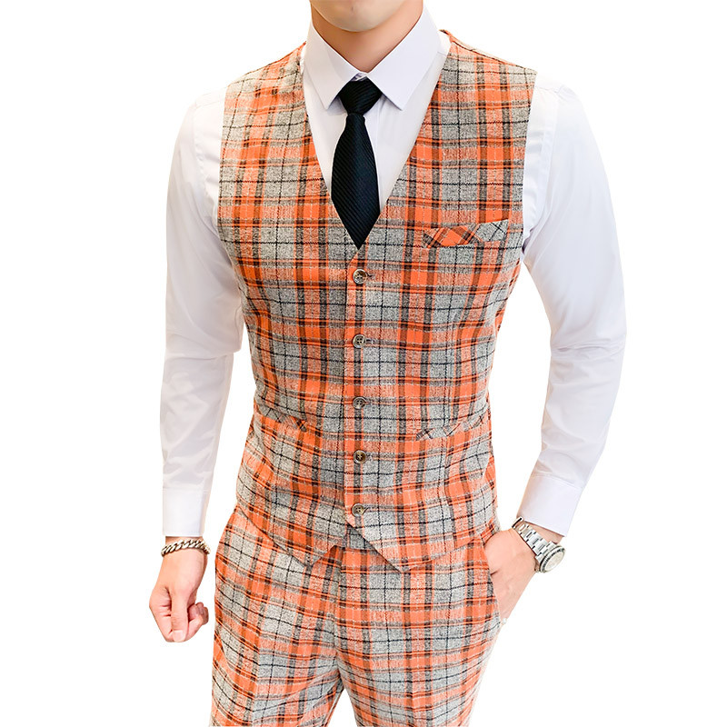Sötétkék férfi kockás 2 részes szett (mellény + nadrág) üzleti irodai férfi ujjatlan mellény kabát és nadrág Piros zöld Terno Masculino