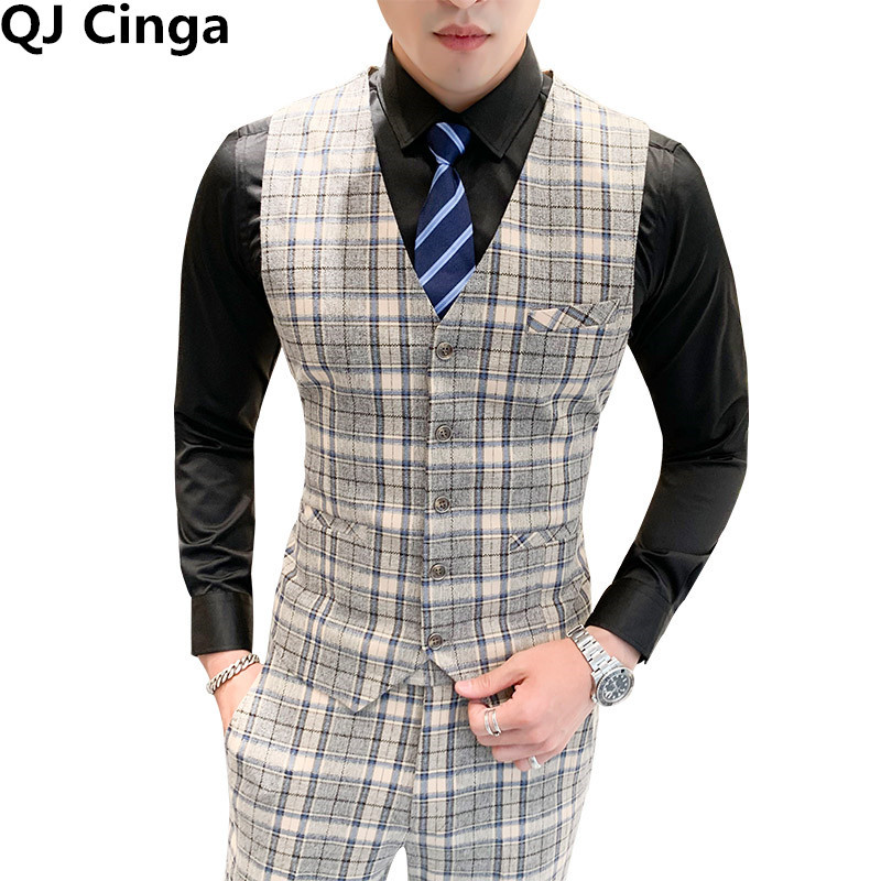 Sötétkék férfi kockás 2 részes szett (mellény + nadrág) üzleti irodai férfi ujjatlan mellény kabát és nadrág Piros zöld Terno Masculino