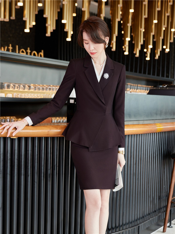 Divatos női szoknya öltöny formális női irodai munkaruházat fodros szegély blézer és nadrág borvörös fekete 2 részes készlet