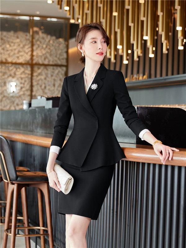 Divatos női szoknya öltöny formális női irodai munkaruházat fodros szegély blézer és nadrág borvörös fekete 2 részes készlet