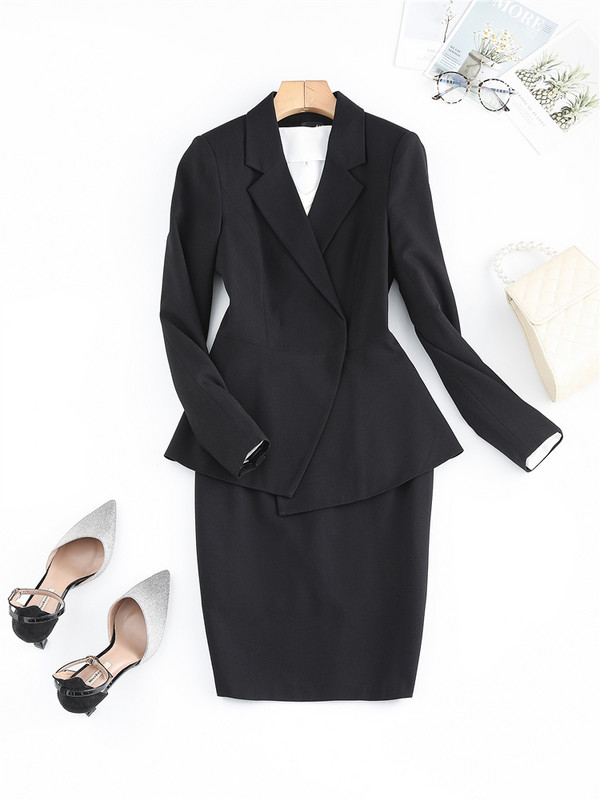 Divatos női szoknya öltöny formális női irodai munkaruházat fodros szegély blézer és nadrág borvörös fekete 2 részes készlet