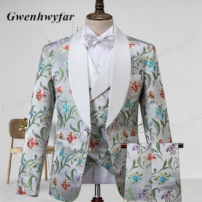 Gwenhwyfar luxus orchidea mintás férfi esküvői öltönyök, 2021, új úri szmoking, csúcsos hajtóka dzseki, kétsoros mellény, vékony nadrág