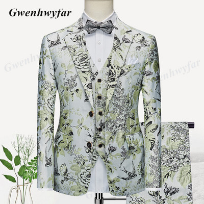 Gwenhwyfar luxus orchidea mintás férfi esküvői öltönyök, 2021, új úri szmoking, csúcsos hajtóka dzseki, kétsoros mellény, vékony nadrág