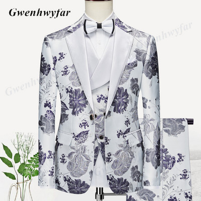 Gwenhwyfar luxus orchidea mintás férfi esküvői öltönyök, 2021, új úri szmoking, csúcsos hajtóka dzseki, kétsoros mellény, vékony nadrág