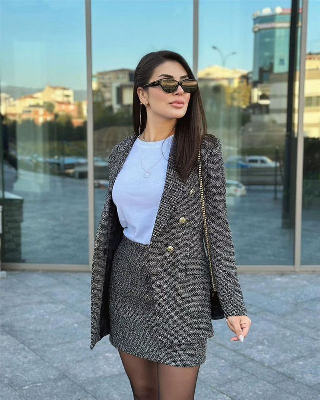 Costum blazer cu texturi gri închis pentru femeie 2022, iarna pentru femei, costume elegante pentru petrecere, seturi de fuste drepte