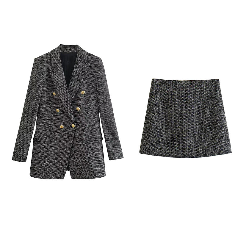 Costum blazer cu texturi gri închis pentru femeie 2022, iarna pentru femei, costume elegante pentru petrecere, seturi de fuste drepte