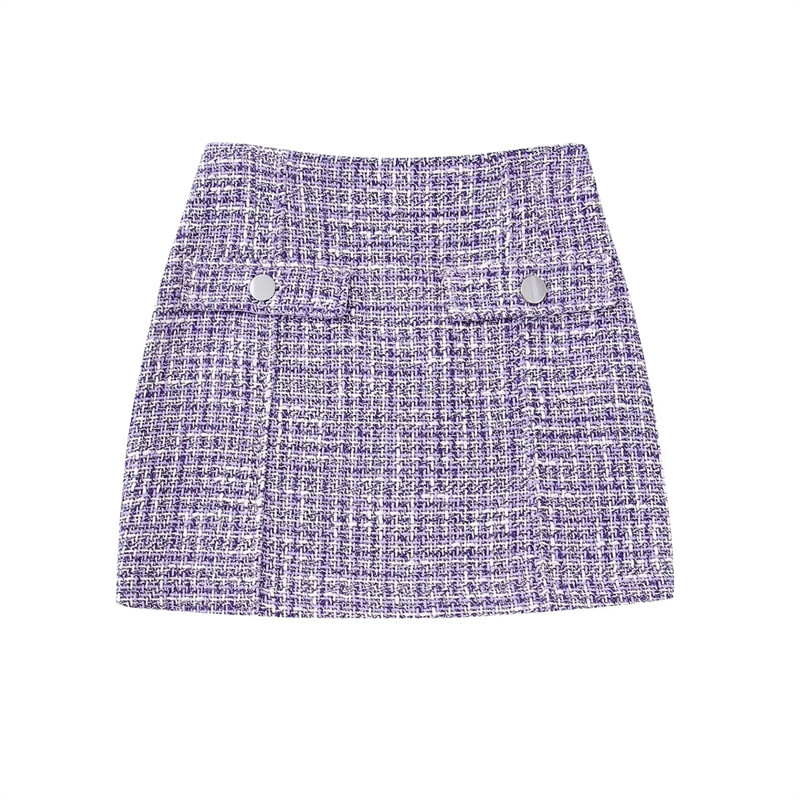 Női, elegáns, lila, lehajtható galléros kabátgarnitúrák, 2022-es női, tweed partiszoknya, női öltöny, elegáns, kockás texturált öltöny