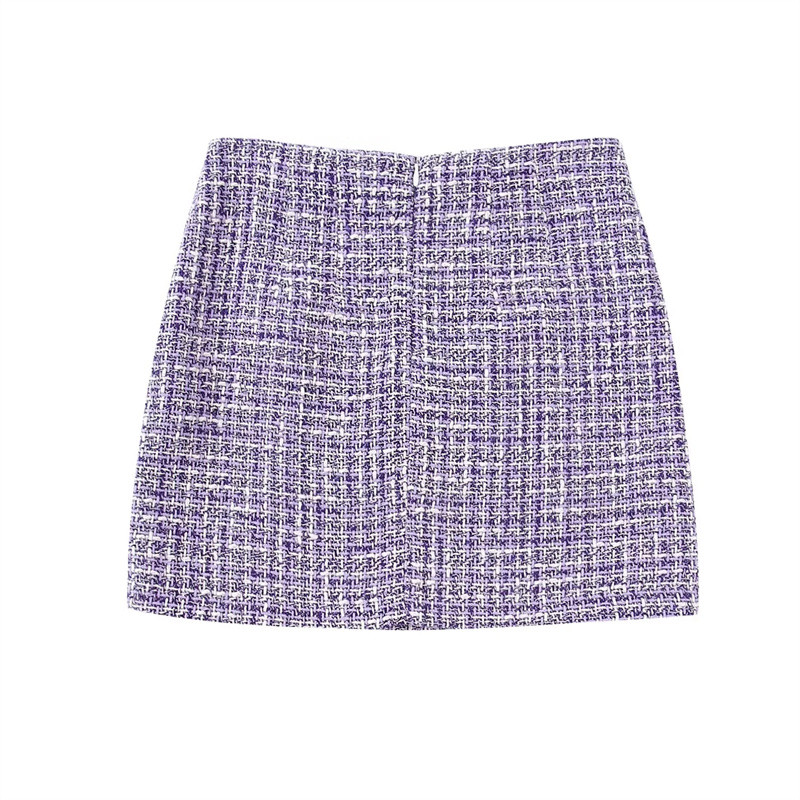 Női, elegáns, lila, lehajtható galléros kabátgarnitúrák, 2022-es női, tweed partiszoknya, női öltöny, elegáns, kockás texturált öltöny