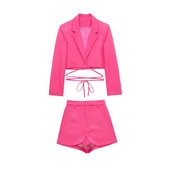 Γυναικεία Μόδα Ροζ Κόκκινο Cropped Blazer Κοστούμι 2022 Spring Girlsl High Street Lacing Blazers Κοστούμια Γυναικεία μασίφ σορτς Σετ 2 τμχ