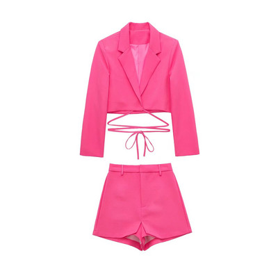 Γυναικεία Μόδα Ροζ Κόκκινο Cropped Blazer Κοστούμι 2022 Spring Girlsl High Street Lacing Blazers Κοστούμια Γυναικεία μασίφ σορτς Σετ 2 τμχ