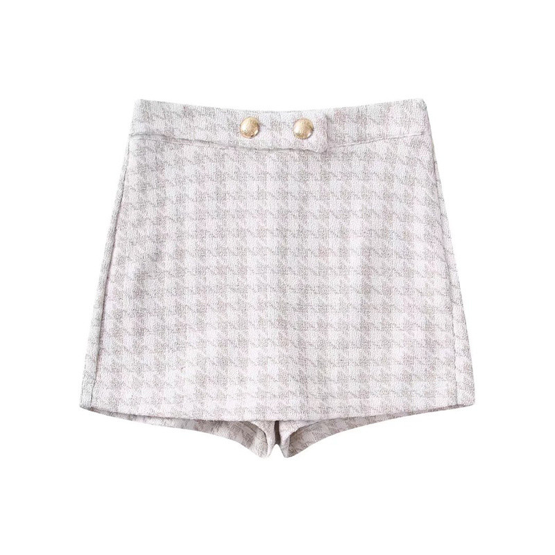 Női alkalmi bézs kockás tweed kabát öltöny 2022 tavaszi elegáns egysoros dzsekik 2 db készletek lányok High Street rövidnadrág öltönyök