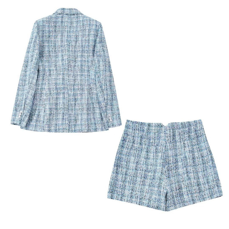 Női, édes kék, vastag, tweed blézer öltöny, 2022-es téli, női, elegáns kockás blézerkészletek női parti textúrájú, hozzáillő szettek