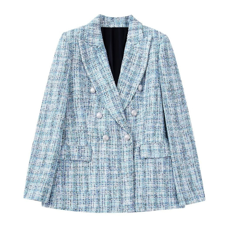 Női, édes kék, vastag, tweed blézer öltöny, 2022-es téli, női, elegáns kockás blézerkészletek női parti textúrájú, hozzáillő szettek
