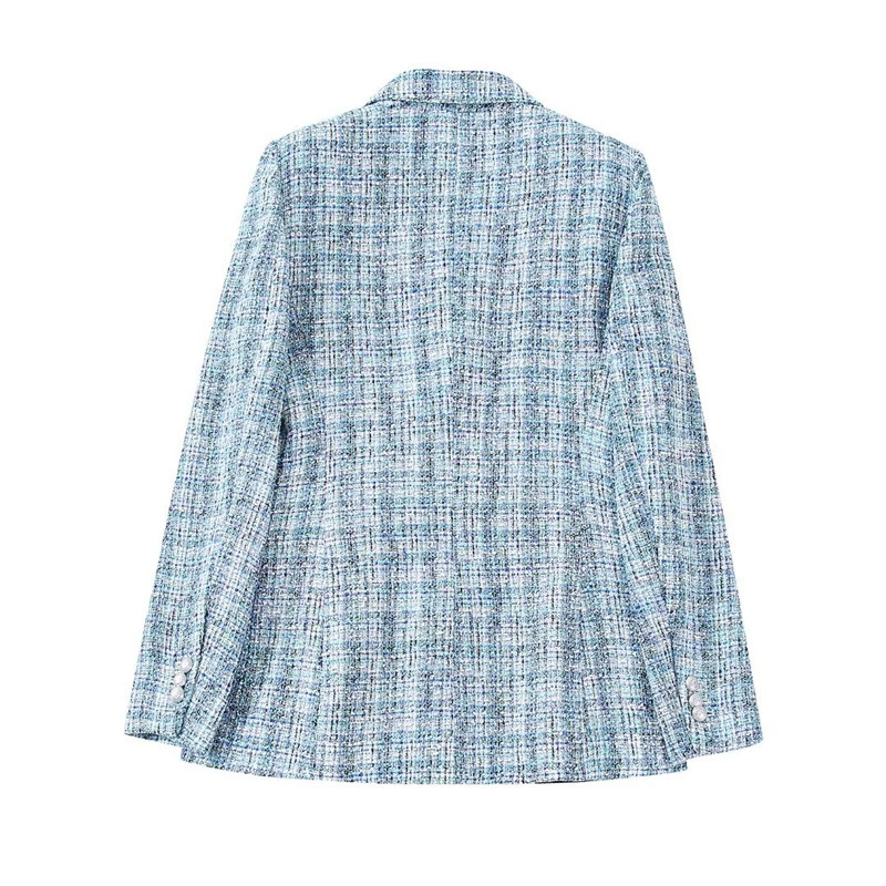 Női, édes kék, vastag, tweed blézer öltöny, 2022-es téli, női, elegáns kockás blézerkészletek női parti textúrájú, hozzáillő szettek