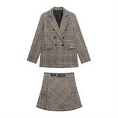 Γυναικεία Vintge καφέ Houndstooth Blazer Suits 2022 Γυναικείες χειμερινές χειμερινές διπλές καρό μπλέιζερ σετ Γυναικεία κοστούμια φούστες σε γραμμή Α
