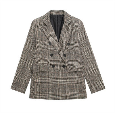 Γυναικεία Vintge καφέ Houndstooth Blazer Suits 2022 Γυναικείες χειμερινές χειμερινές διπλές καρό μπλέιζερ σετ Γυναικεία κοστούμια φούστες σε γραμμή Α