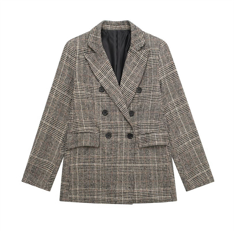 Női szüreti barna houndstooth blézer öltönyök 2022 női téli duplasoros kockás blézerek szettek női szoknyák öltöny