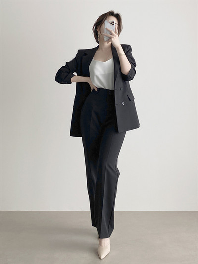 Γυναικεία Syiwidii Suits Άνοιξη 2023 Μαύρο Casual μονό στήθος με οδοντωτό σακάκι Mujer παντελόνι με φαρδύ πόδι σετ γυναικείων κοστουμιών γραφείου