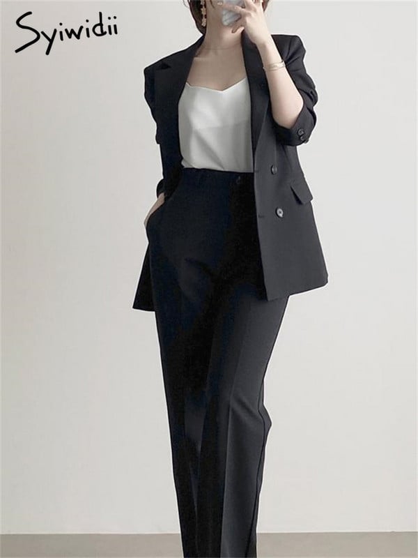 Syiwidii női öltönyök 2023 tavaszán, fekete, alkalmi, egysoros, rovátkolt blézer Mujer széles szárú nadrág irodai női öltöny szett