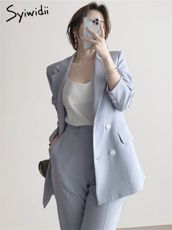 Syiwidii női öltönyök 2023 tavaszán, fekete, alkalmi, egysoros, rovátkolt blézer Mujer széles szárú nadrág irodai női öltöny szett