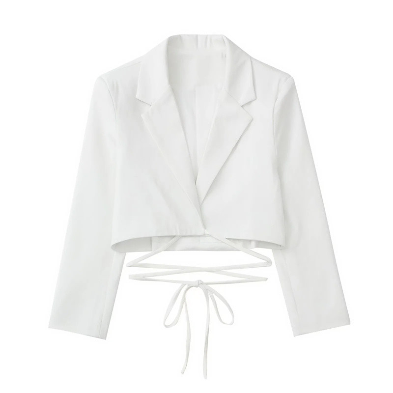 Női, elegáns, fehér, vágott blézeröltöny, 2022-es tavaszi menő lányok, fűzős rövid blézer szett női, magas derekú szoknya, rövidnadrág öltöny