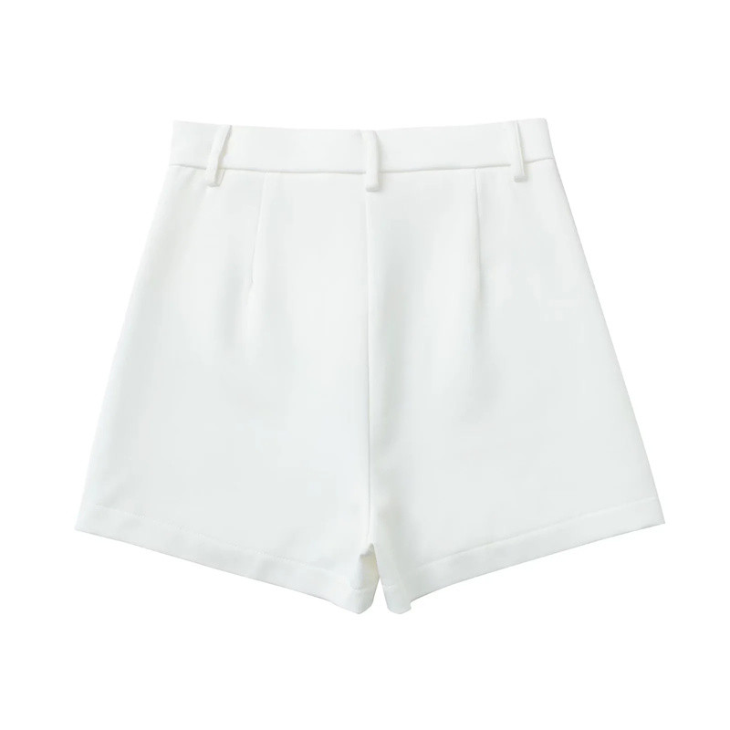 Női, elegáns, fehér, vágott blézeröltöny, 2022-es tavaszi menő lányok, fűzős rövid blézer szett női, magas derekú szoknya, rövidnadrág öltöny