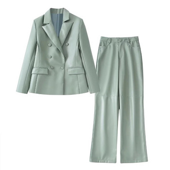 Γυναικείο κομψό διπλό δερμάτινο σακάκι κοστούμι 2022 Άνοιξη μονόχρωμο μακρυμάνικο κοστούμι γυναικείο ψηλόμεσο παντελόνι PU