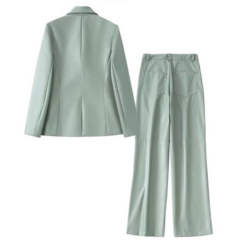 Дамски елегантен двуреден кожен блейзър костюм 2022 Пролетни едноцветни блейзърски костюми с дълъг ръкав Дамски комплекти от полиуретанови панталони с висока талия
