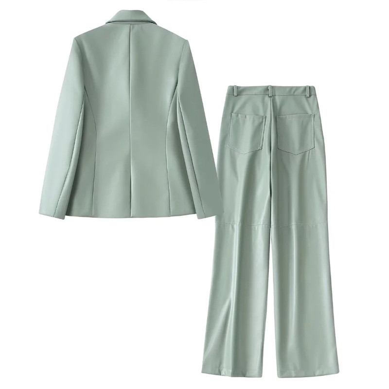 Női, elegáns, kétsoros bőrblézer öltöny 2022 tavaszi tömör hosszú ujjú blézeröltöny Női magas derekú PU nadrág szettek