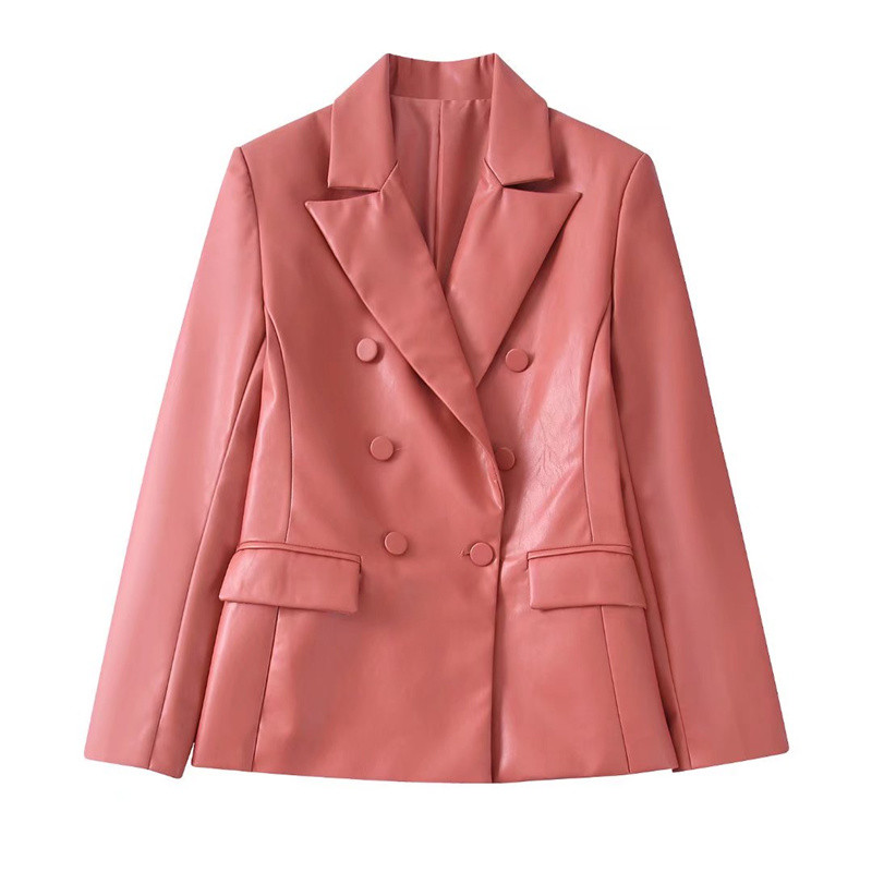 Női, elegáns, kétsoros bőrblézer öltöny 2022 tavaszi tömör hosszú ujjú blézeröltöny Női magas derekú PU nadrág szettek